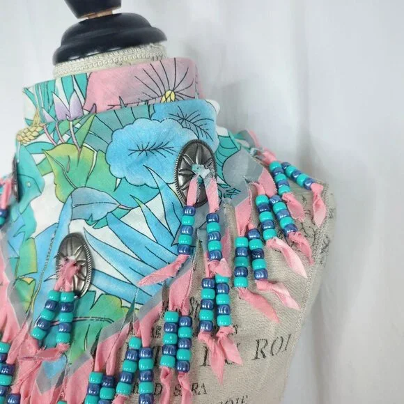 Vintage Neckerchief Western Bandana Pink Bead Medallion - Picture 4 of 7